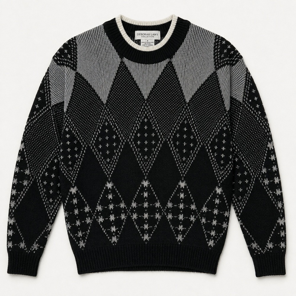 Vtg Monte Carlo Black White Geometric Argyle Knit Sweater Lurex Eclectic Grandpa